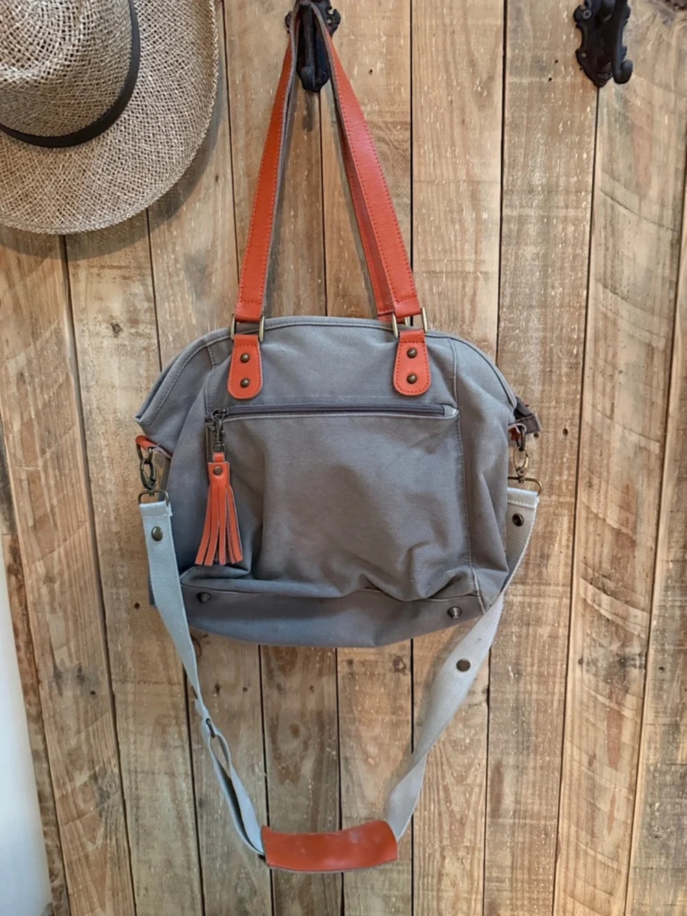 Gray Canvas Diaper Bag with Orange Trim - Women's Shoulder Bag